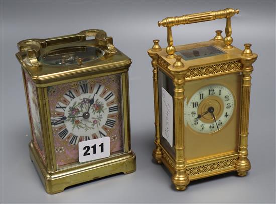 An early 20th century French lacquered brass and porcelain repeating carriage clock, height 11.5cm and